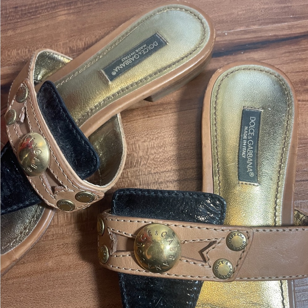 Dolce & Gabbana Leather Thong Sandals with Logo Studs Size 37.5